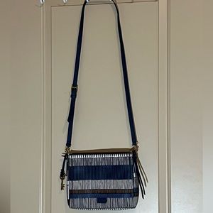 Fossil crossbody bag. Blue, white, brown striped.